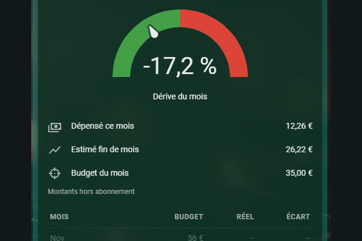 Energy Budget Card : jauge de derive du mois et tableau du budget electricite dans Home Assistant